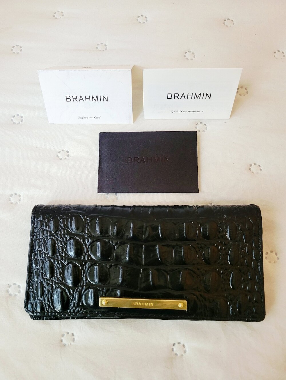Brahmin Black Melbourne Ady Leather Slim Wallet Croc Embossed